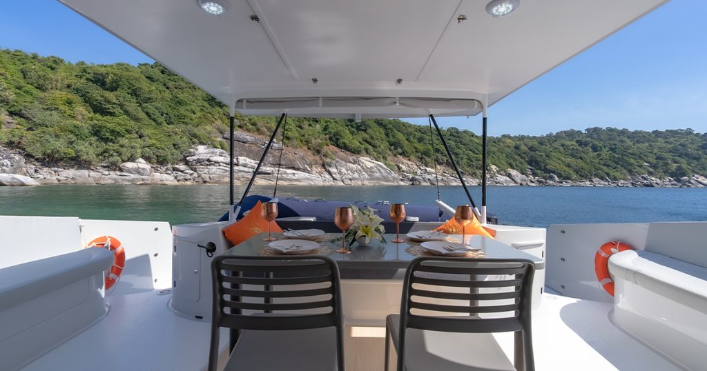 Stealth 42ft Power Cat 'F1' at anchor for dinner