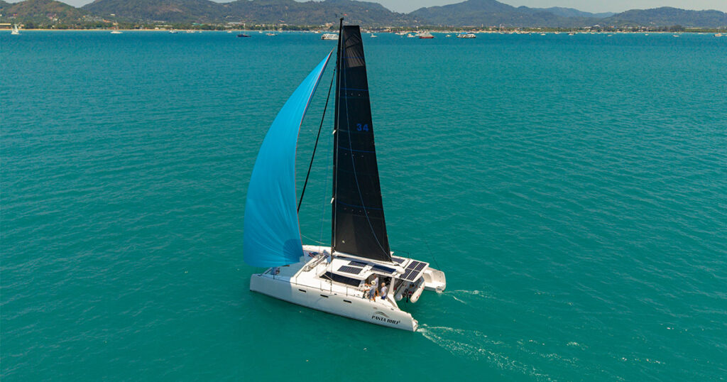 aerial view Stealth 13.2 catamaran Phuket solar panels deck