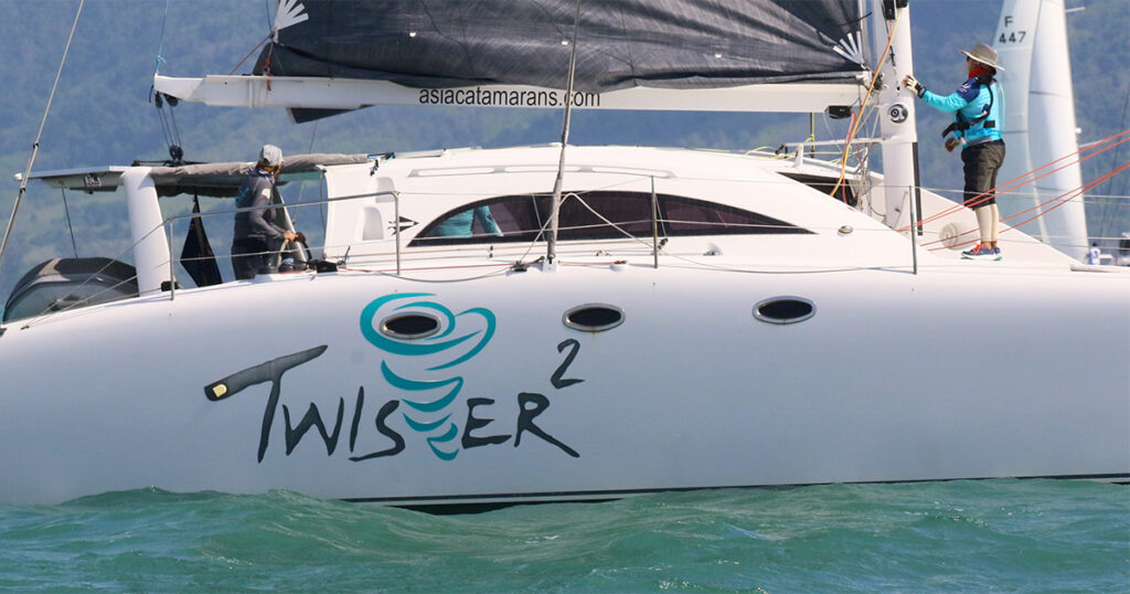 Stealth 12M Twister 2 hull close-up racing in Thailand Bay Regatta
