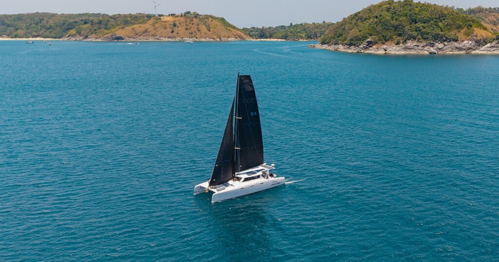 Aerial view of Stealth 13.2 Panta Rhei² sailing between Phuket islands
