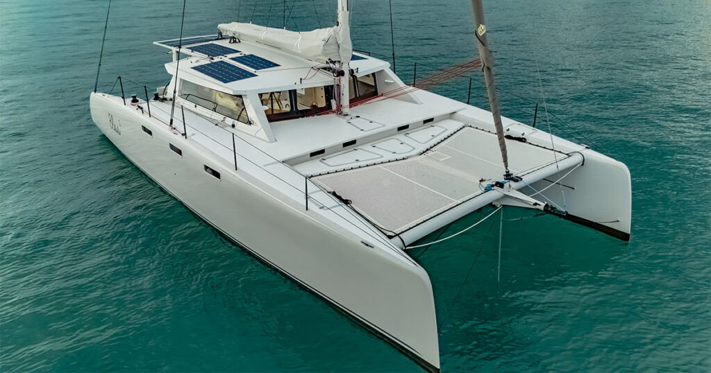 Aerial view of Stealth 13S Bliss 2 showing foredeck and solar panels