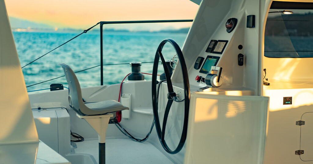 Twin helm station aboard Stealth 13S performance catamaran
