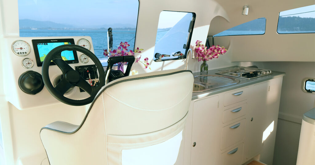 Stealth 36 Power Catamaran interior helm and galley