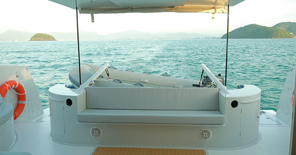 Stealth 36 Power Catamaran aft cockpit seating and tender