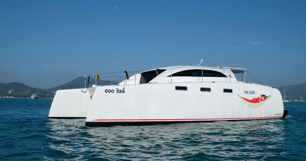 Stealth 36 Power Catamaran Hot Chilli bow and twin hulls